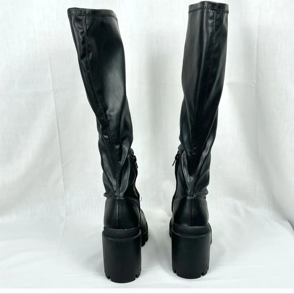 Steve Madden Black Platform Boots Tall Faux Leather Roxanna Lug Sole New - Picture 5 of 8